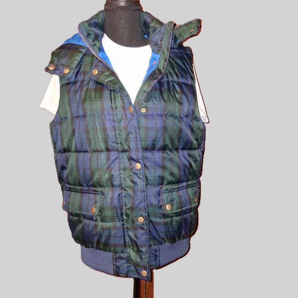 Peyton & Parket Blue & Green Plaid Puffer Vest w/ Detachable Hood – Size L